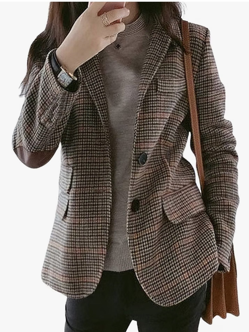 Chartou Plaid Elbow Patch Blazer Houndstooth Size XS - Classic Tailored Style
